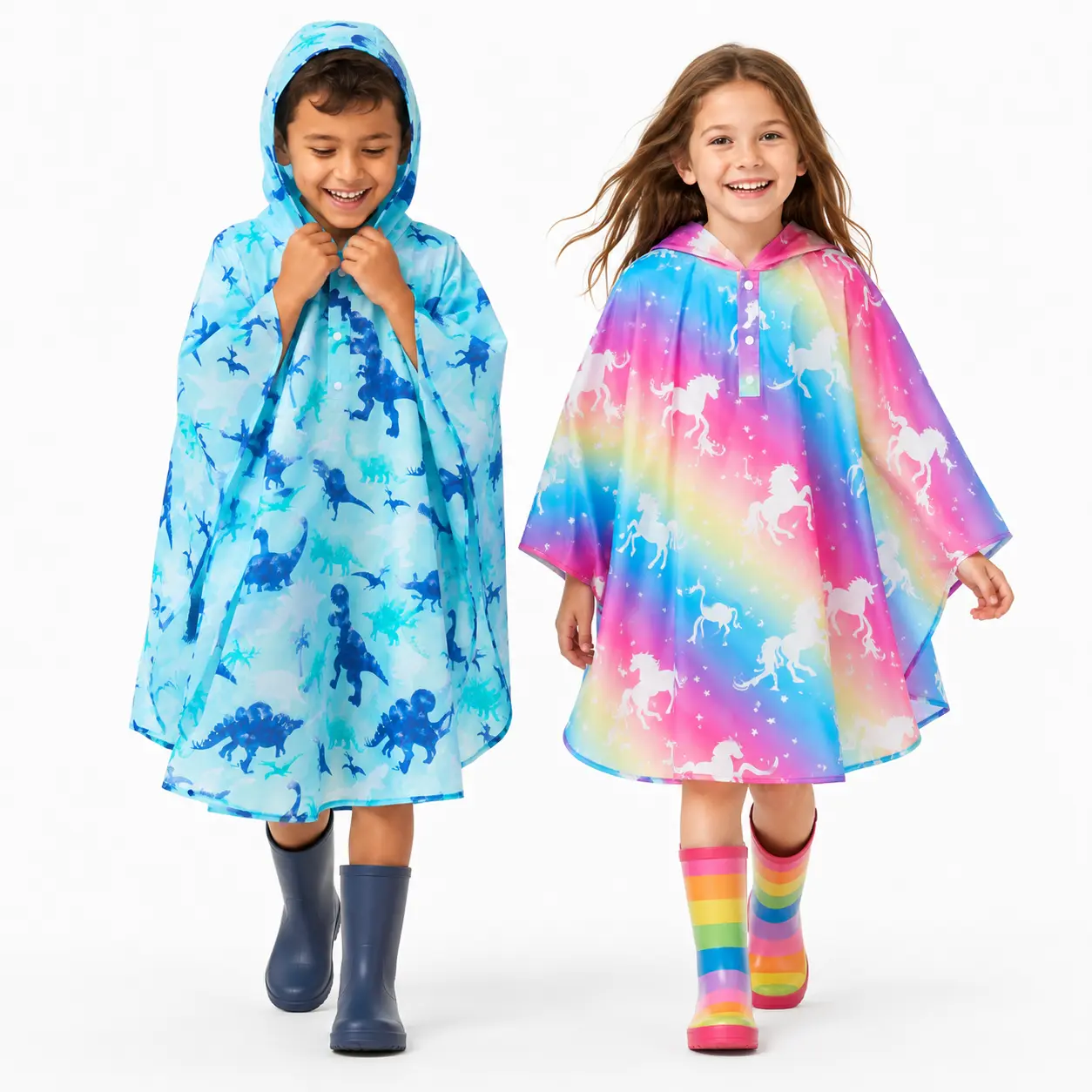 WERNNSAI Elementary School Kids Poncho, Waterproof Hooded Rain Jacket Fits Over Backpack, Back to School Rain Gear for Boys Girls Toddler Ages 3-10, Reusable Lightweight EVA with Storage Pouch, Rainbow & Dino Print, Chubasquero Impermeable para Niños
