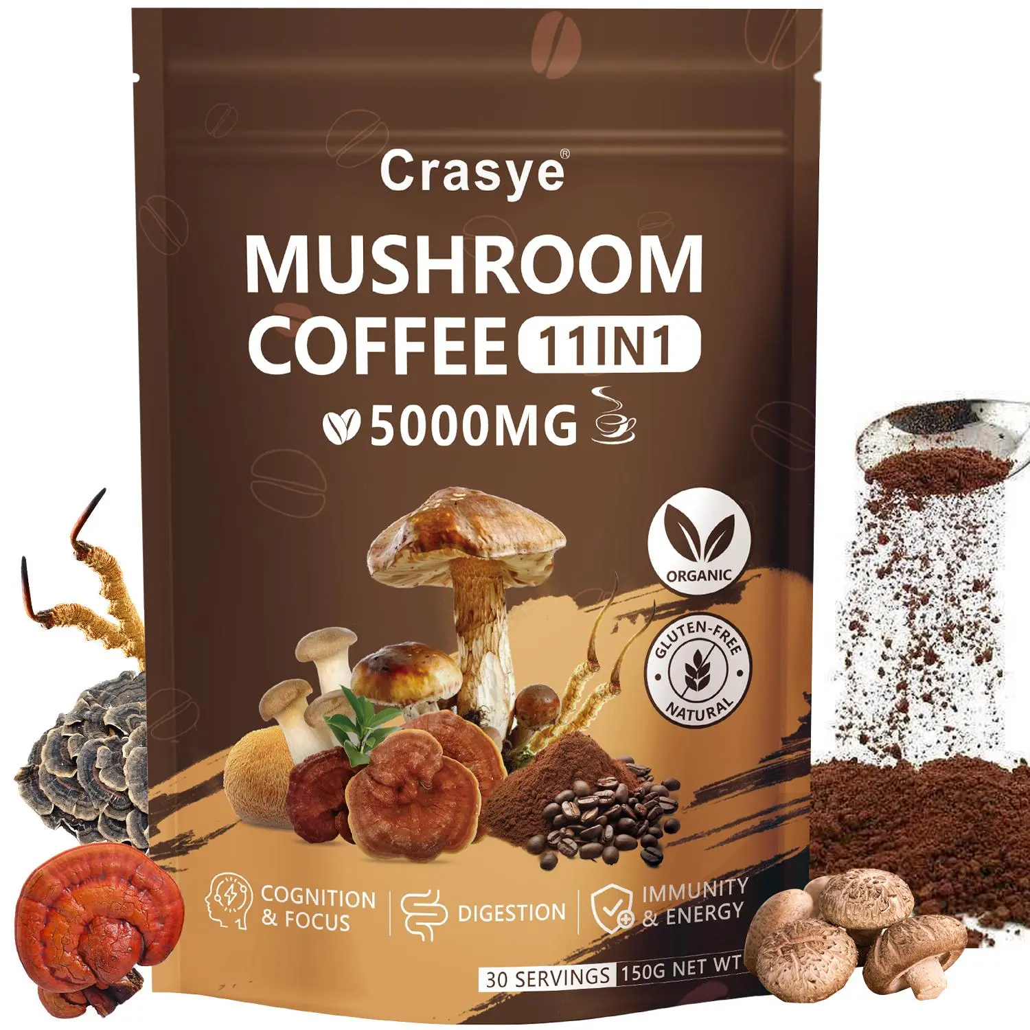 CRASYE 5000MG Mushroom Coffee 11-in-1 Blend with Probiotics & Adaptogens Gluten Free Sugar Free Soy Free Organic for Focus Digestion Support Natural Beverage TikTokShopBlackFriday#SummerVibes