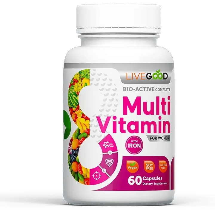LiveGood Women’s Bio-Active Complete Multivitamin Dietary Supplement - Vegan Daily Vitamins with 24 Nutrients, Zinc, Iron, Vitamin A,B12,C,E,Lycopene, Metabolism, Immune, Energy, Bone Health Support, 60 GMP-Certified 0.2oz Capsules, Dairy Free, Cruelty Fr