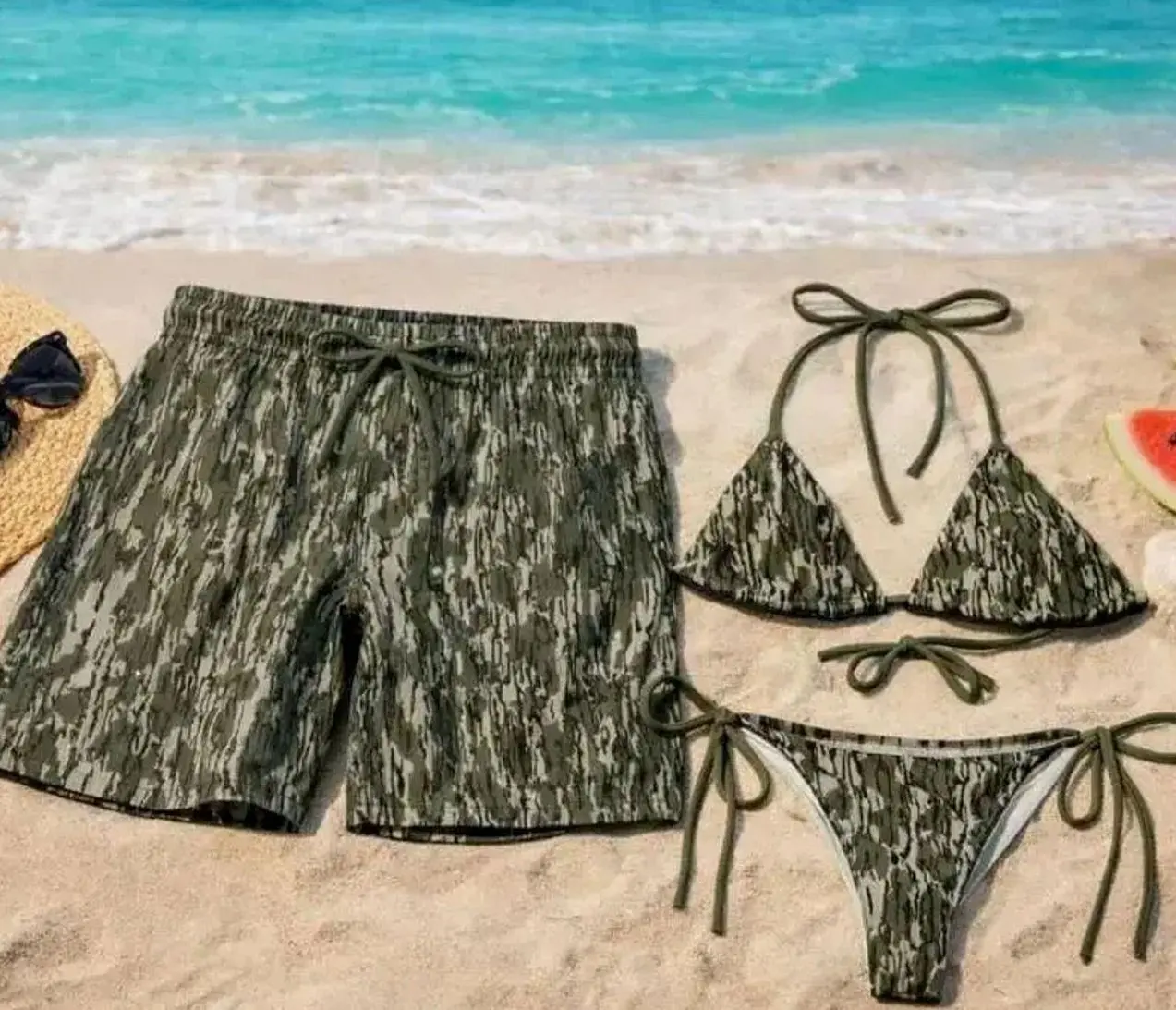 Mossy Oak Style Camo Bikini Set – Matching Couples Swimwear, Country Girl Hunting Beachwear & Men Board Shorts M7T YF0