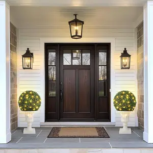 OUTGOODS Pre-Lit Artificial Boxwood Topiary Ball – 16-Inch Faux Greenery with Sturdy Pot, UV Resistant Waterproof, for Indoor Outdoor Porch Home Garden Decor, Timer & Remote Included, Decorative Artificial Plant