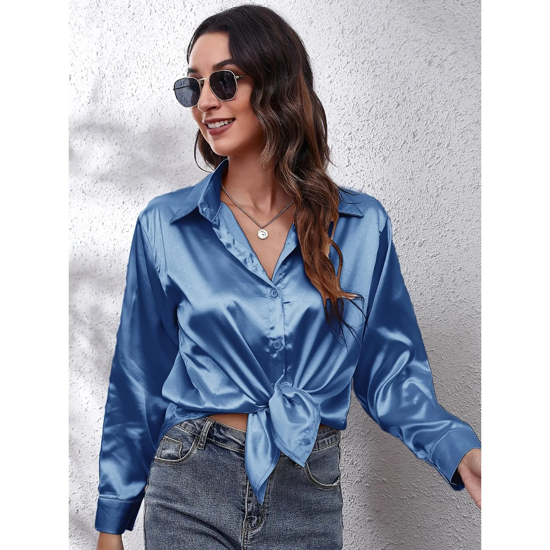 Women'S Elegant Satin Shirt, 100% Polyester Long Sleeve Tunic with Lapel Collar, Solid Color, Non-Stretch Woven Fabric, Regular Length for Spring/Fall - Single Breasted Placket