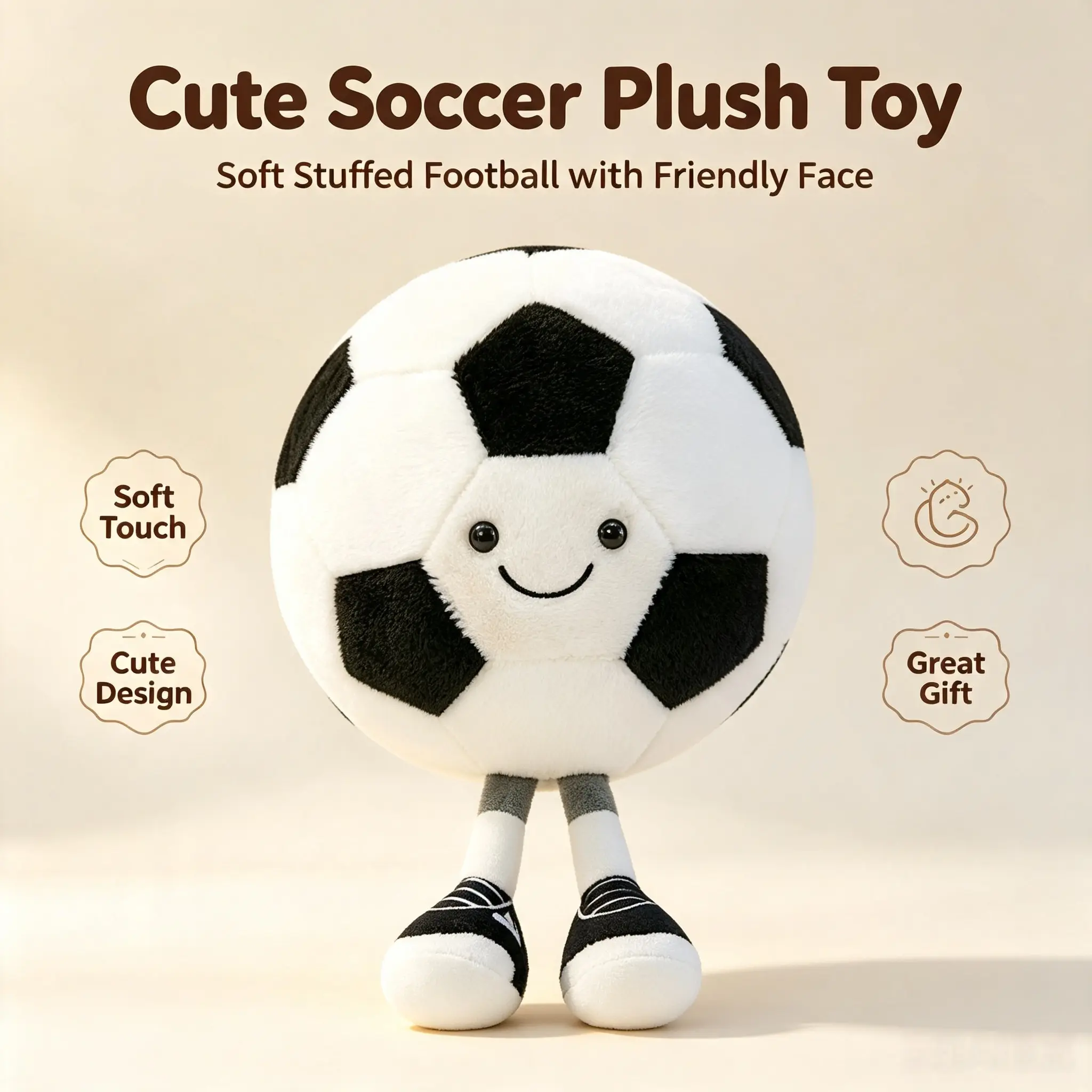 Soccer Ball Plush, Soft Stuffed Soccer Plush with Cute Feet, Spherical Throw Pillow, Holiday & Birthday Gift