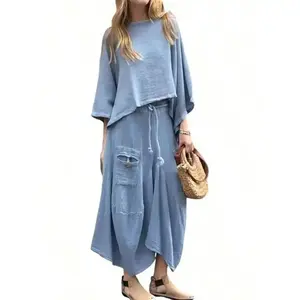 Womens 2 Piece Fall Outfits Oversized Batwing Long Sleeve Pullover Tops Lounge Irregular Maxi Skirt Sets With Pockets