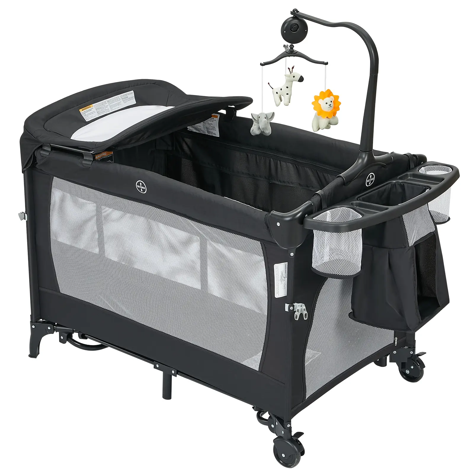Pack and Play with Bassinet 4‑in‑1 Baby Playpen, Foldable Playard with Changing Table, Portable Nursery Center for Newborns & Toddlers