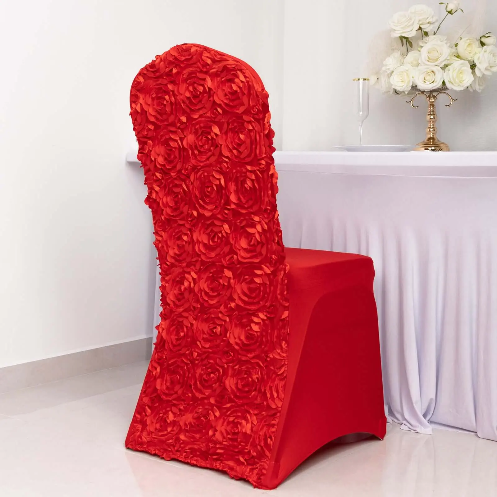 Satin Rosette Spandex Stretch Wedding Chair Cover, Adjustable Elastic Slip-On Slipcover for Red Banquet, Stretch Dining Chairs, Wedding Chair Covers, Chair Slipcovers Adjustable Elastic Dining