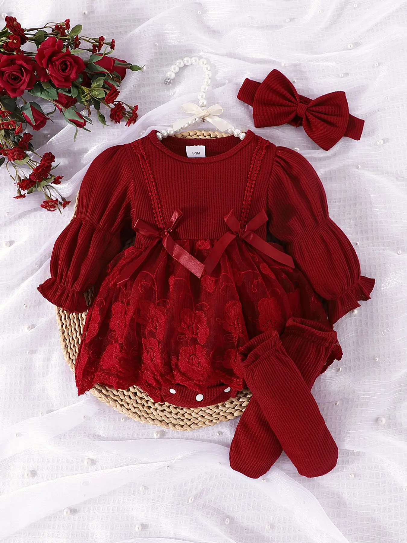 Baby Girl Long Sleeve Waffle Knit Lace Romper 3Pcs Set, Newborn Outfits 1-18 Months Infant Bow Onesie Bodysuit with Headband & Socks, Soft Breathable Toddler Outfit for Daily Wear, Photo Shoot, Spring Fall