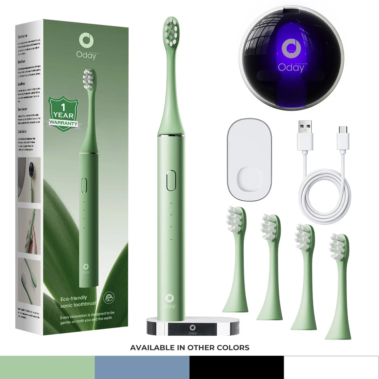 ODAY Sonic Electric Oral Toothbrush with Wall-Mounted UV-C Protector Case, Home Teeth Cleaner for Daily Oral Care and Teeth Cleaning at Home, 4 Brush Heads, Timer, Cleansing, Antibacterial, Rechargeable, Waterproof Aluminium Aluminium, Water Proof, Alumin
