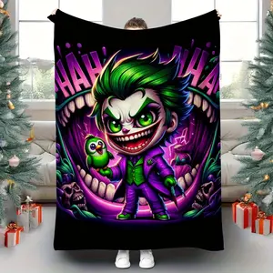 Blanket with a cartoon clown and green birds pattern |   High-quality flannel, available in various sizes, ideal for sofas, beds, travel, picnics, and other occasions. Perfect for all seasons and an ideal gift for Na.