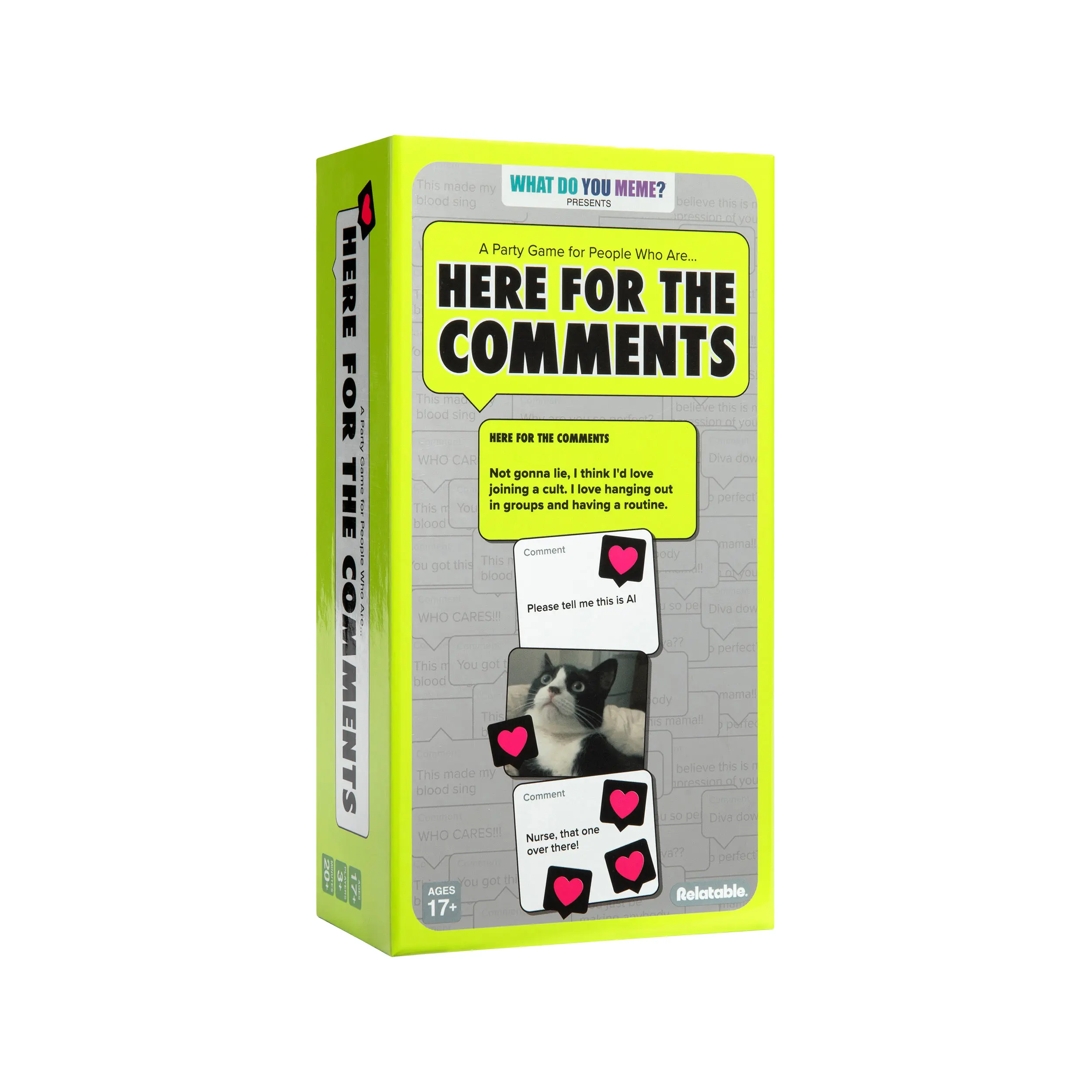 Here For The Comments by Relatable - An Adult Party Game Built on Internet Culture, Funny Party Games for Game Night and Fun Gifts – Includes 100 Status Cards, 240 Comment Cards and 12 Heart Tokens