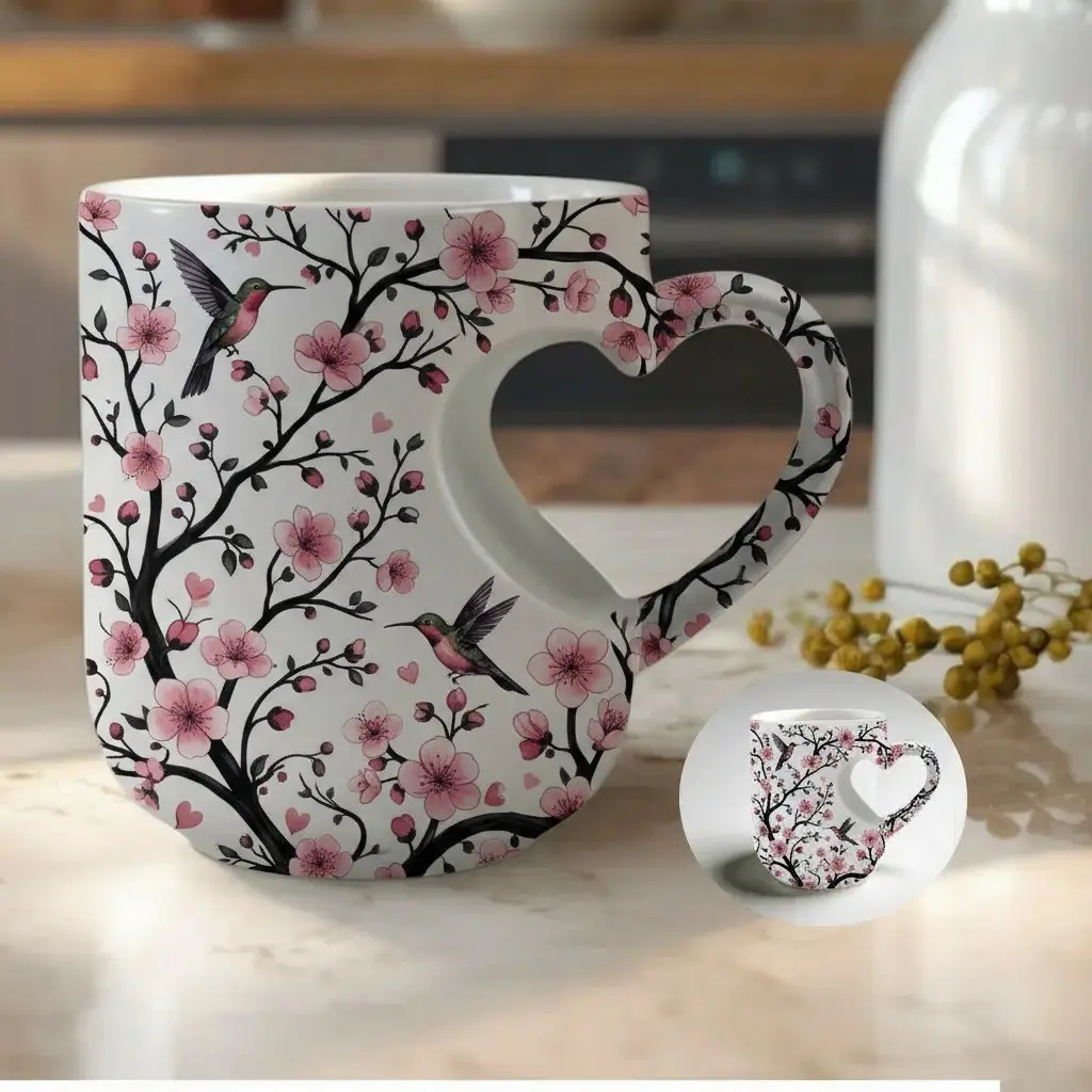Thermosensitive Ceramic Color-Changing Coffee Mug, Cherry Blossom & Hummingbird Pattern, Heart-Shaped Cutout Handle, 11 Oz/330ML Capacity, Insulated Cup for Hot & Cold Beverages, Elegant Avian Floral Themed Drinkware, Perfect Gift for Coffee & Nature