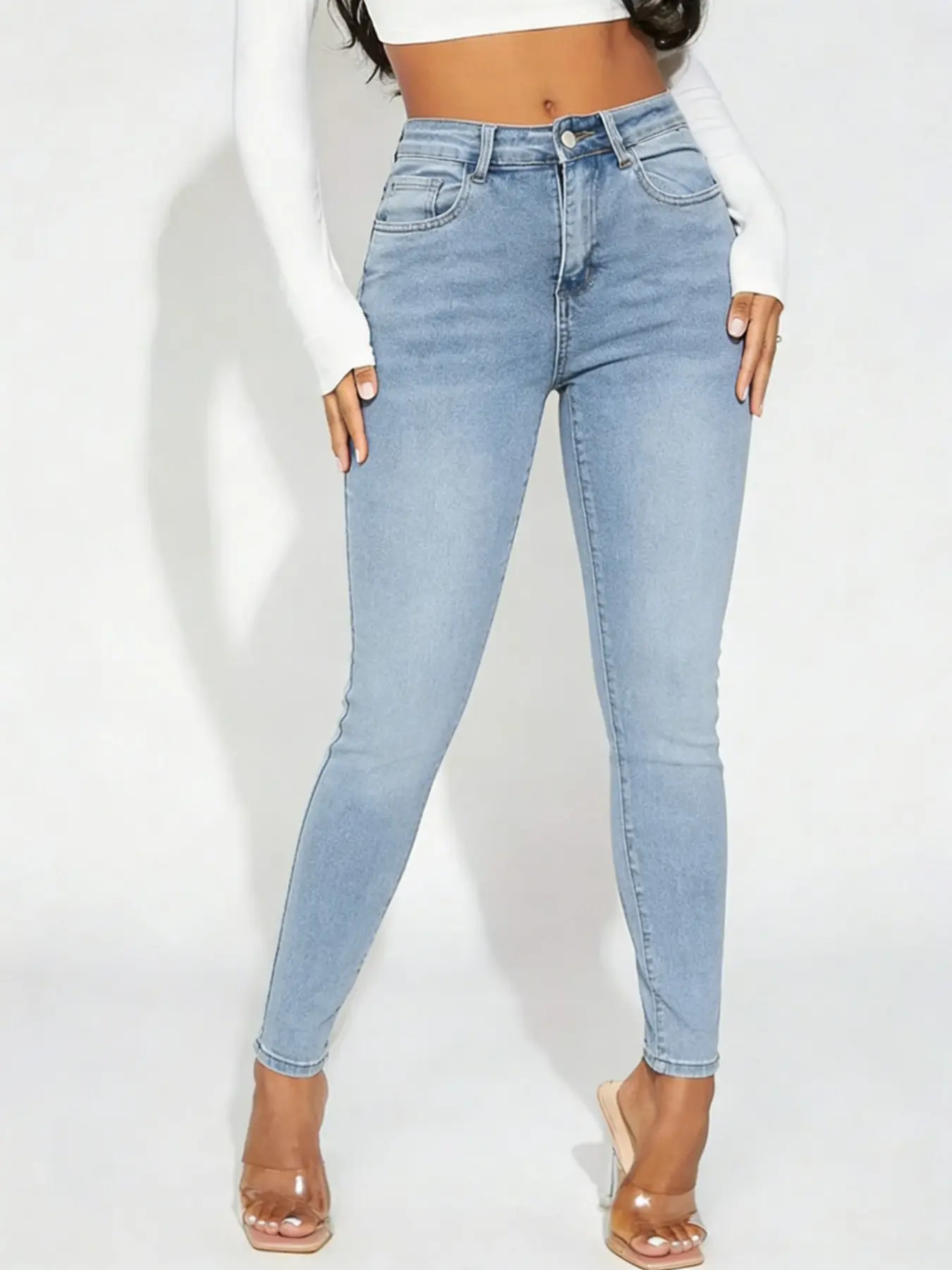 Women's Light Blue Light Wash Mid-Waist Slim Fit Fashion Denim Jeans, Stretchy Skinny Leg Pants, Casual Street Style, Streetwear, Suitable for Everyday, Work, Weekend, Travel, All Seasons