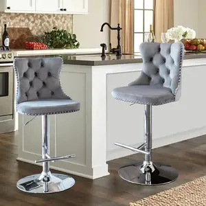 Velvet Bar Stools Set of 2/4 , Adjustable Counter Height Bar Stools with Button & Nailheads Trim, Swivel Bar stools for Kitchen Island, Pub chairs