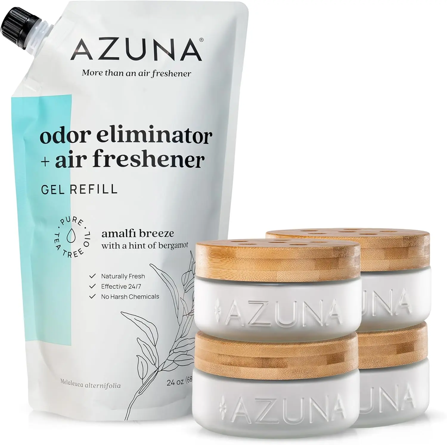 Azuna Air Freshener & Odor Eliminator 4 Empty Luxe Glass Jars & Refill Tea Tree Essential Oil Gel