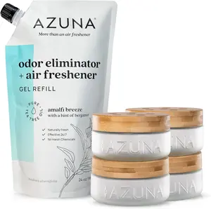 Azuna Air Freshener & Odor Eliminator Gel 4 Room Kit, Includes (4) 8 oz. Empty Luxe Glass Jars & 24 oz. Refill with Tea Tree Essential Oil, Amalfi Breeze, Works 24/7 for 60-90 Days