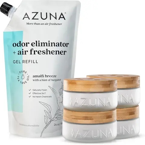 Azuna Air Freshener & Odor Eliminator 4 Empty Luxe Glass Jars & Refill Tea Tree Essential Oil Gel