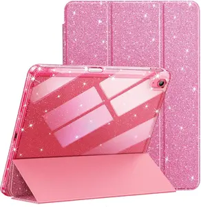 iPad Case for 10th Generation and A16 11 Gen with Pencil Holder, trifold Stand Glitter Slim pu Leather Cover, Smart Sparkly Crystal Smooth Clear Shiny Back Shell, Support Auto Wake Computer Tablet Protective Cases, kid girl protection ,Rose Pink