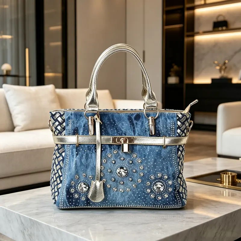 Women's Chic Washed Denim Top Handle Handbag, Casual Purse with Woven Details, Sparkle Accents, Zip Closure & Large Space, Polka Dots, Pu Leather, Double Handle