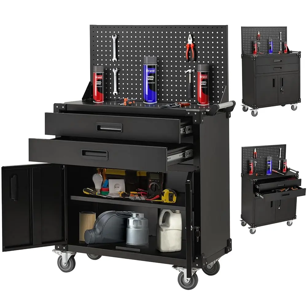 AECOJOY Heavy Duty Metal Work Bench for Garage with Pegboard Drawers & Lockable Cabinet Large Capacity Tool Storage Organizer Black