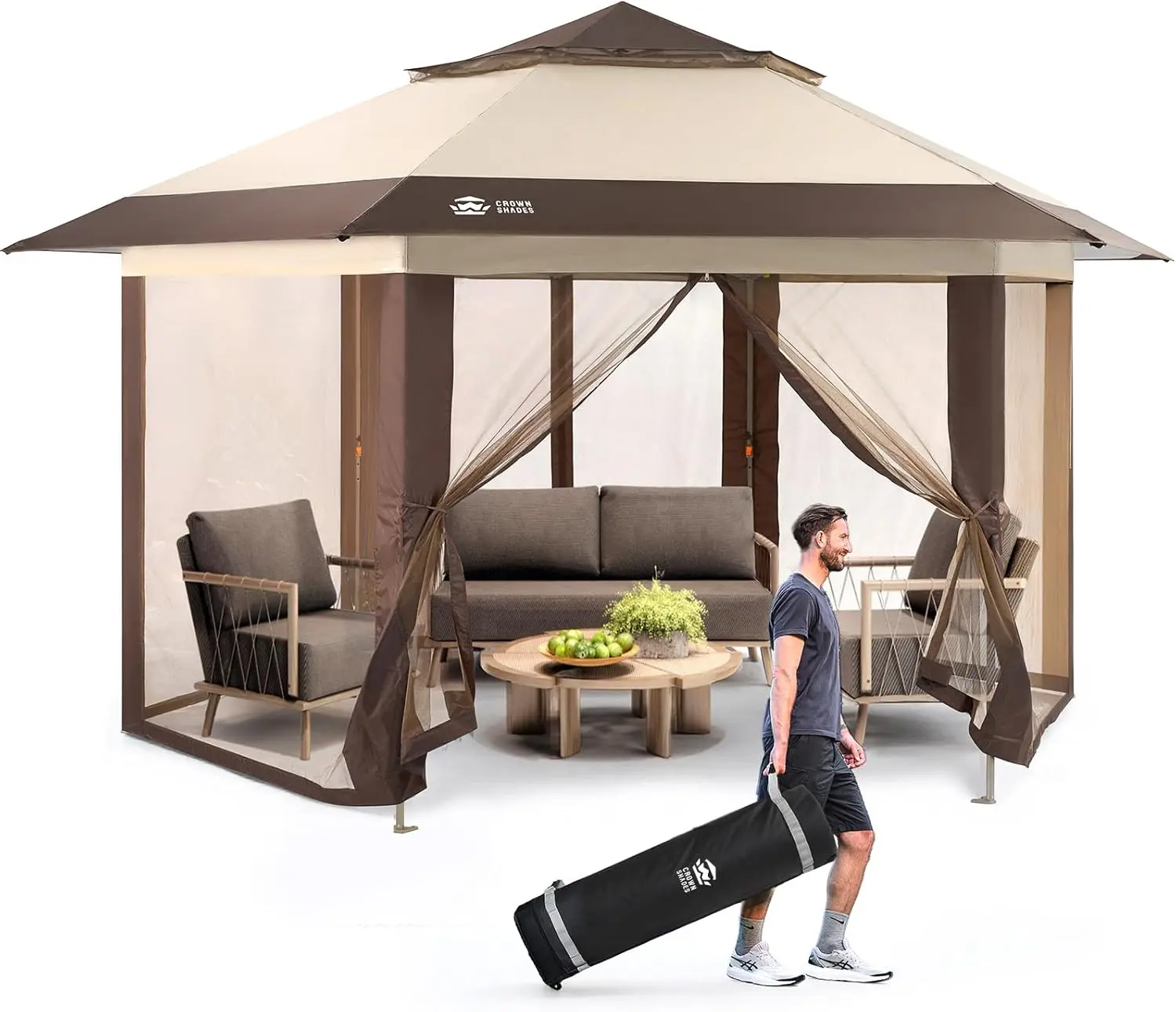 CROWN SHADES 13x13 Pop Up Gazebo Sun Shade Canopy - Patented CENTERLOK 6-Sided Portable Backyard Canopy, 300D Silver-Coated UV-Resistant Fabric, Mosquito Nettings for Patio, Party (Red&Grey)