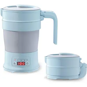 Travel Electric Kettle, 700ML Foldable Small Electric Kettle , Portable Kettle with Multifunctional Panel, Collapsible Hot Water Kettle with Keep Warm & Delay Start, 110V Blue