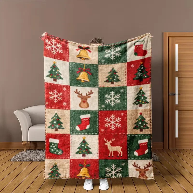 Soft flannel blanket – multicolored patchwork with Christmas motifs and square patterns, comfortable all-season throw, suitable for bed, sofa, travel, and office, machine-washable modern-style blanket