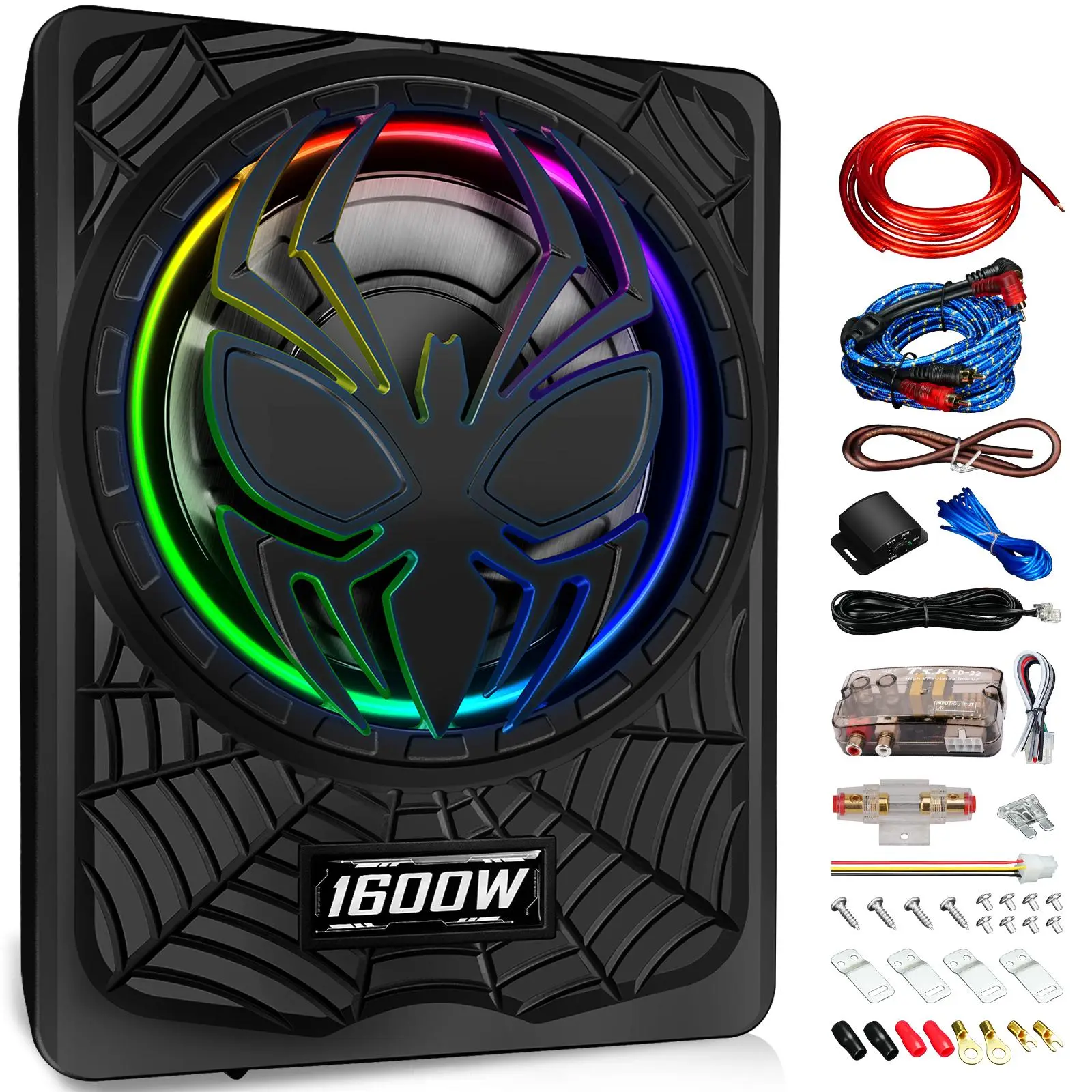 WDIYA 10-Inch Powered Subwoofer - 1600W Slim RGB LED Underseat Bass Box Full Set, Car Audio Accessory for Cars, SUVs