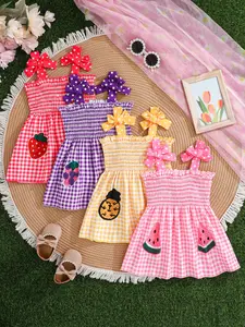 4-Piece Girls' Summer Matching Set, Plaid and Fruit Print, Bow Shoulder Straps, Cute and Sweet Dress, Versatile Clothing for Kids, Summer Clothes Set