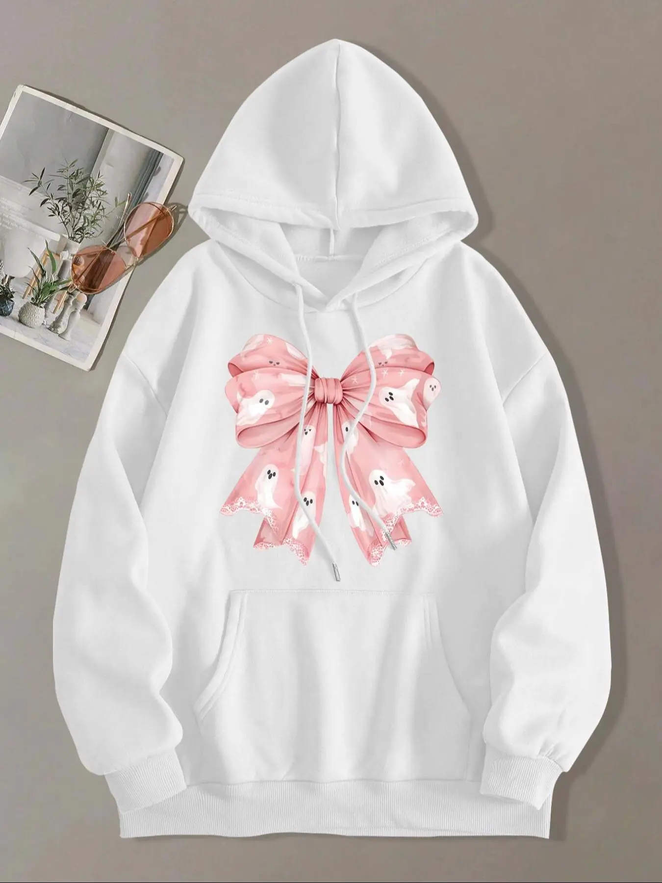 Women's Bow Print Drawstring Pocket Hoodie, Casual Drop Shoulder Long Sleeve Hooded Sweatshirt, Ladies Fall & Winter Clothes for Daily Wear