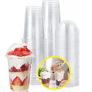 Available in 25 or 50 counts, these clear plastic cups, Disposable cups, come with dome lids, designed as party-ready fruit cups, perfect for smoothies, milkshakes and to-go beverages, Cold Drinks for Party, Wedding, Event Supplies
