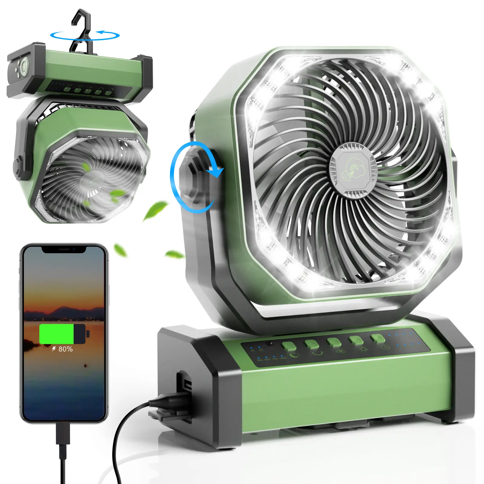 20000mAh Camping Fan with LED Light, Auto-Oscillating Desk Fan with Remote & Hook, Rechargeable Battery Operated Outdoor Tent Fan with Timer, 4 Speeds