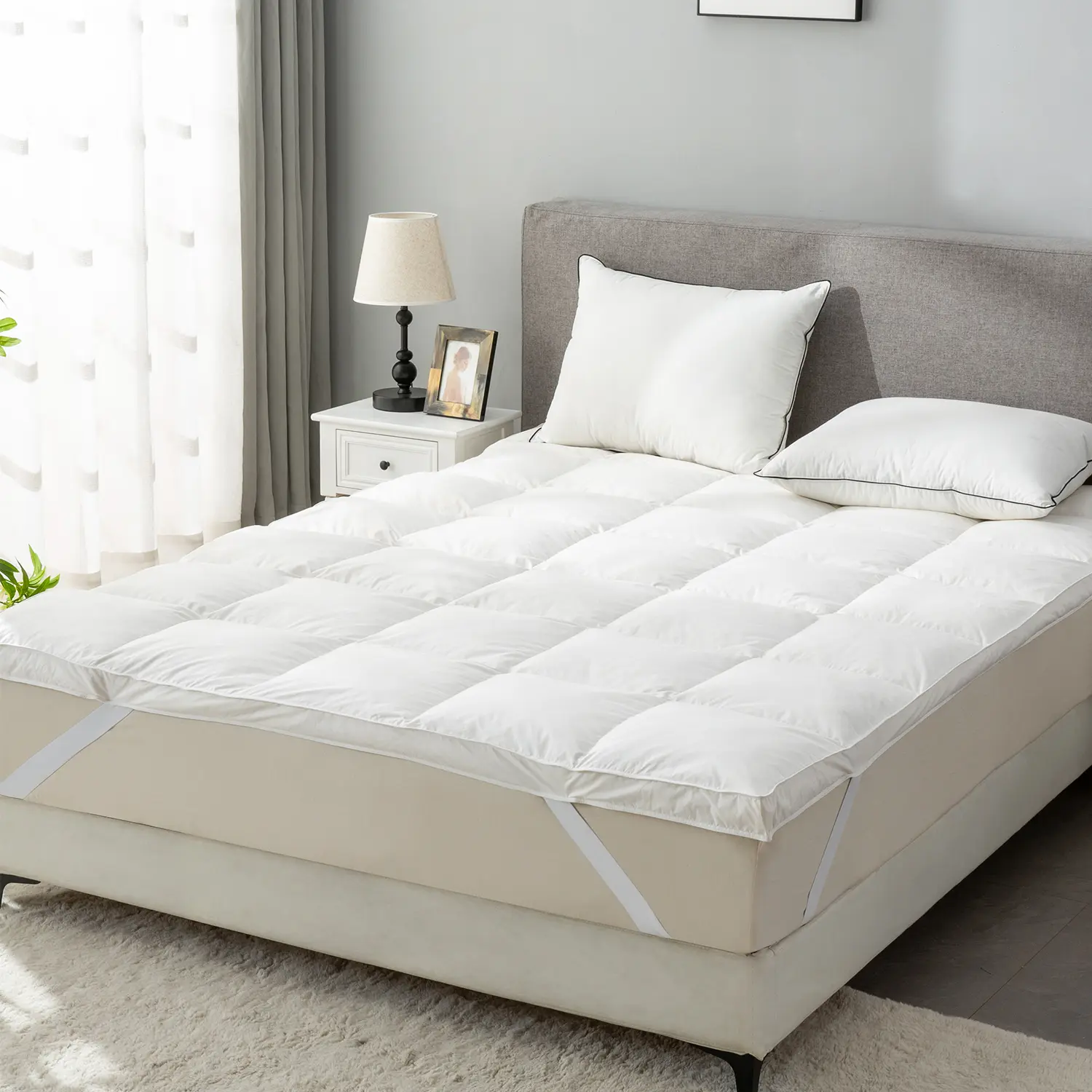 ROSE FEATHER Goose Down Feather Bed Mattress Topper, Strap Fastening, Soft And Fluffy, Pure Goose Down, Suitable For All Year Round