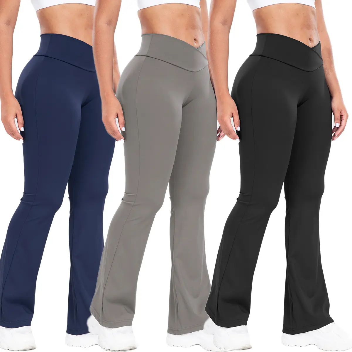 Kabuer Women's High-Waist Flare Leggings with Crisscross Detail, Solid Quick-Dry Stretch Knit Sports Bottoms for Gym Workouts, Yoga