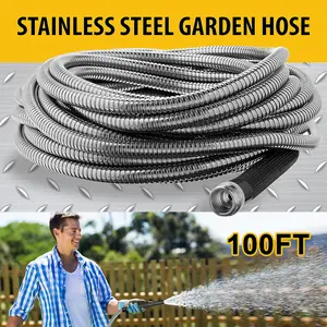 100FT Heavy Duty 304 Stainless Steel Garden Hose with Nozzle Flexible Lightweight Non-Kink High Pressure Water Hose for Gardening & Pet Safe