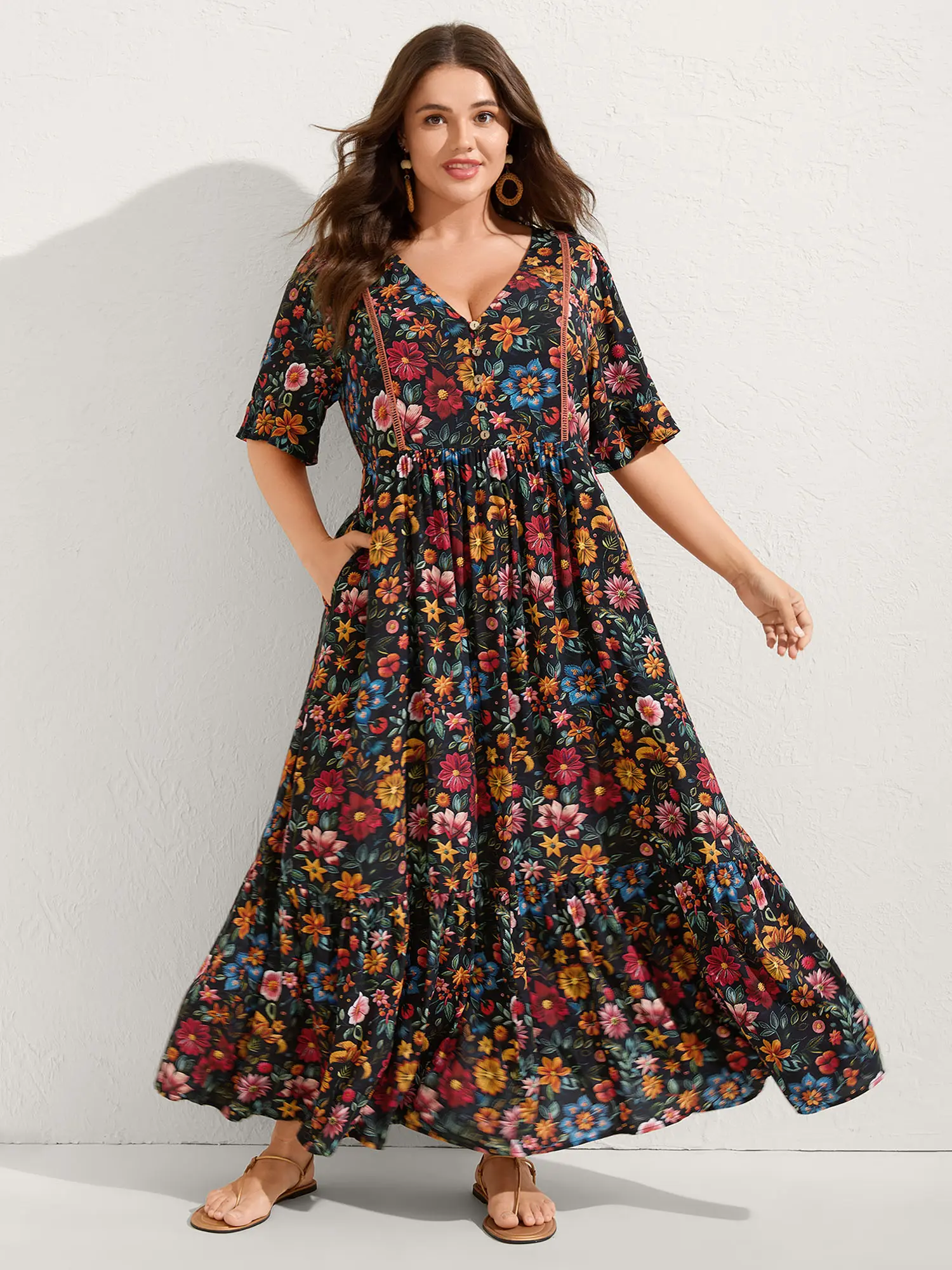 BLOOMCHIC Plus Size Floral Maxi Dress for Women (M-6X) - Boho Long Sleeve Flowy Fabric Dress with Pockets, Lightweight Casual Wear, Curvy Clothing, Boho Clothes for Women, Vacation Outfit, Plussize, Bohemian Vibe, Garment, Rayon, Floral Print, Boho Ruffle