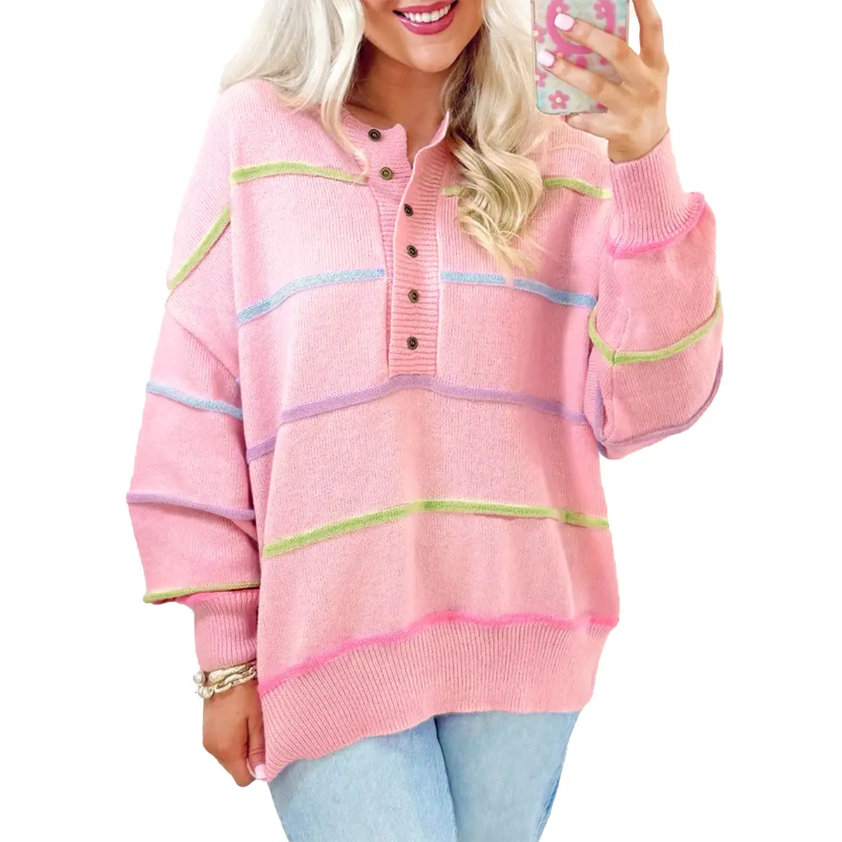 Znacicc Women's Sweater 2025 Long Sleeve Tops Pink Rainbow Stripes Drop Shoulder Baggy Henley Knitwear