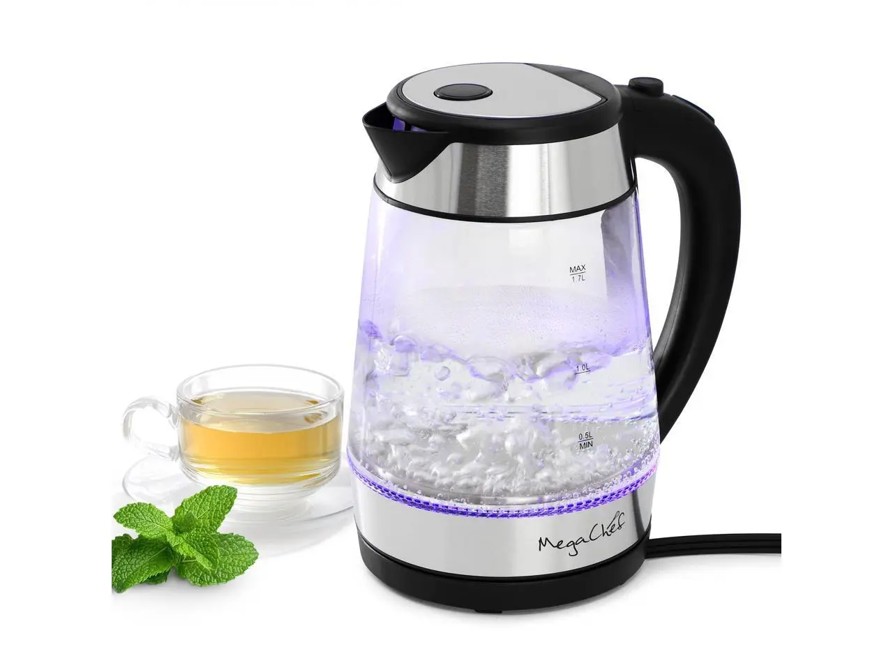 MegaChef 1.7 Liter Glass and Stainless Steel Electric Tea Kettle in Silver