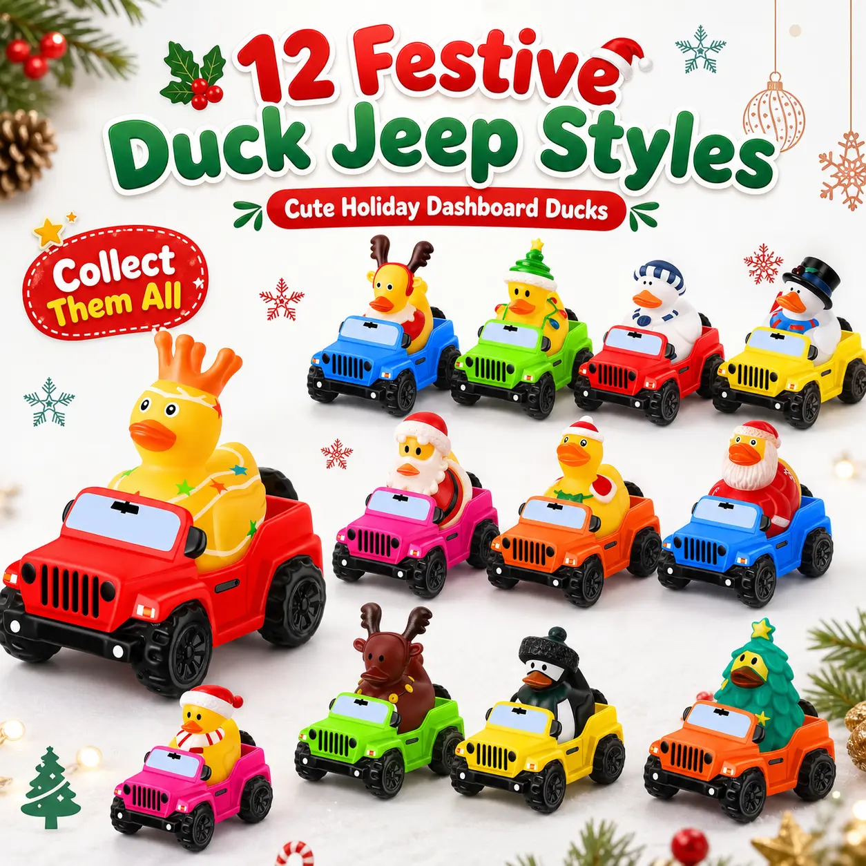 Christmas Rubber Ducks for Ducking 12-Pack – 12 Holiday Ducks + 12 Mini Cars | Stocking Stuffers Party Favors for Kids & Adults
