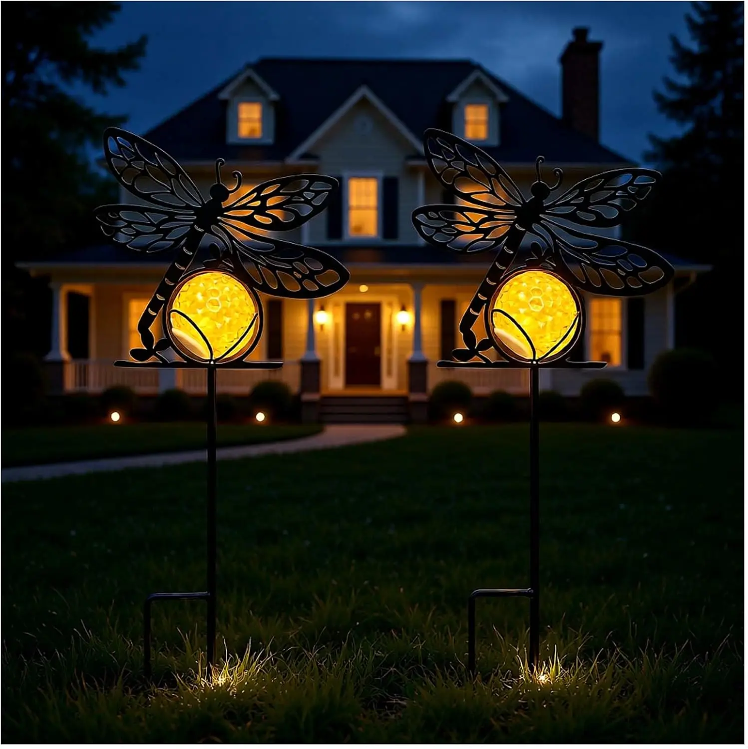 Dragonfly Solar Lights Outdoor Decorations, 2 Pack Metal Iron Solar Stake Lights for Yard, Garden, Lawn Decor