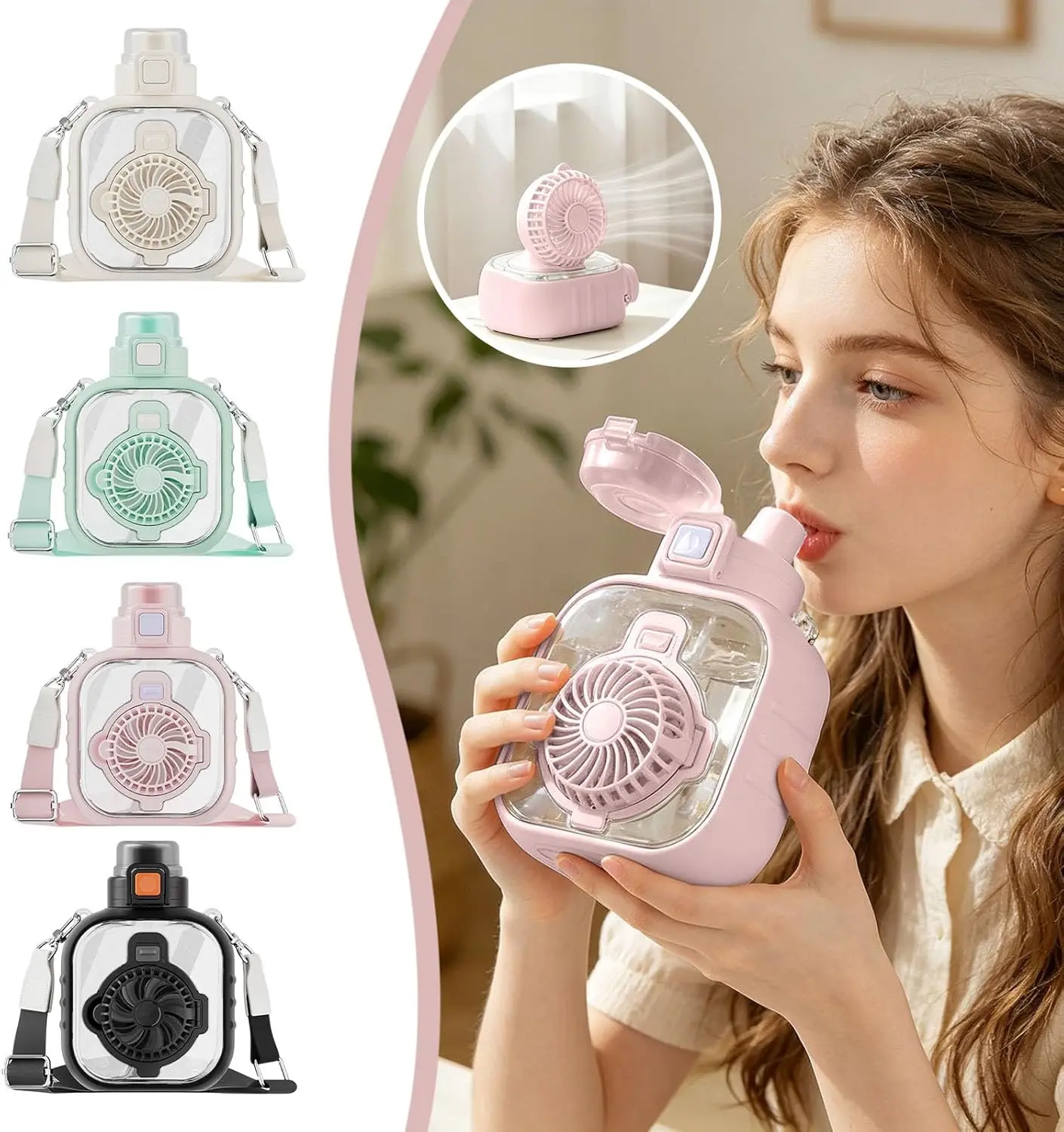 2-in-1 Water Bottle with Built-In Foldable Fan,  USB-C Rechargeable 3-Speed Cooling Cup with Straw, 690ml Foldable Fan Bottle with Adjustable Strap, Hidden Fold-Out Fans for Office Travel Gym