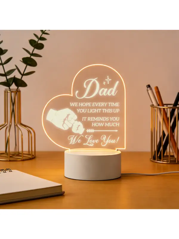 Acrylic Heart-Shaped LED Night Light, 2D Flat Design Fist Bump Desk Lamp with Warm White LED Lighting, USB-Powered Scratch-Resistant Lamp (12cm x 12cm), Turns On/Off, Father's Day Gift for Dad, Bedroom Nightstand Decor, Stepdad