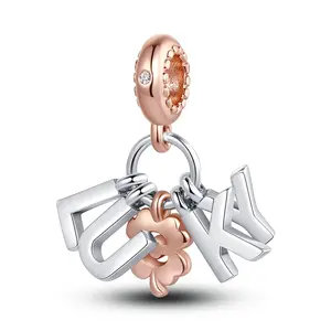 MULA S925 Silver-plated and Rose Gold Plated "LUKY" Letter Pendant with CZ Decoration and Four Leaf Clover - Matches with Pandora Bracelets and Necklaces, Lucky Gift for Women, Teens and Girls