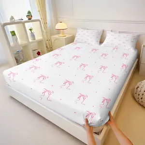 Pink Ribbon and Bow Print Fitted Sheet Set,Includes 2 Pillowcases (Without Inserts) Dreamy Girly Fitted Sheet Set Perfect for Teens and Girls Bedroom Decoration Gift Bed Sheets Set