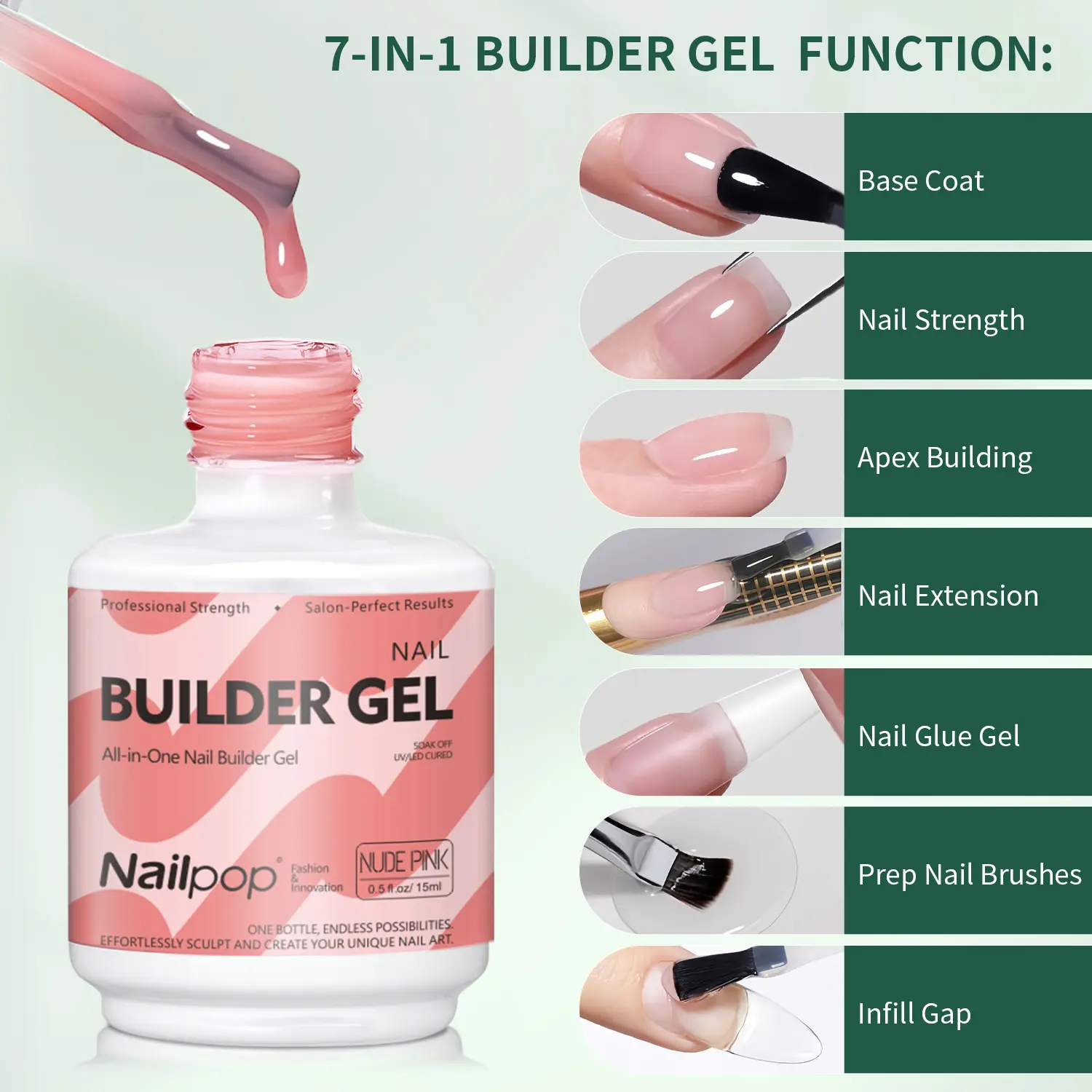 7-in-1 Apex Gel Nail Polish for Strengthening & Extension, UV/LED Curable Base Coat for Manicure on Natural Nails, 15ml (Clear), Gloss, Builder Gel Nail