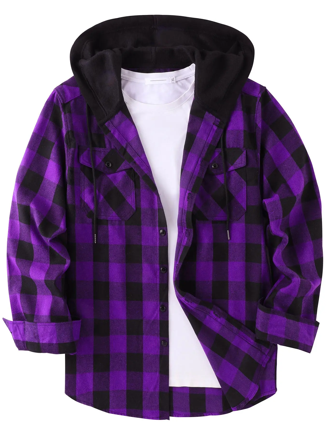 Men's Plaid Button-Front Drawstring Hooded Shirt, Regular Fit Casual Long-Sleeve Outerwear with Pockets for Spring and Fall, Men's Clothes for Daily Wear Men's Plaid Button-Front Drawstring Hooded Shirt, Regular Fit Casual Long-Sleeve Outerwear with Pockets for Spring and Fall, Men's Clothes for Daily Wear