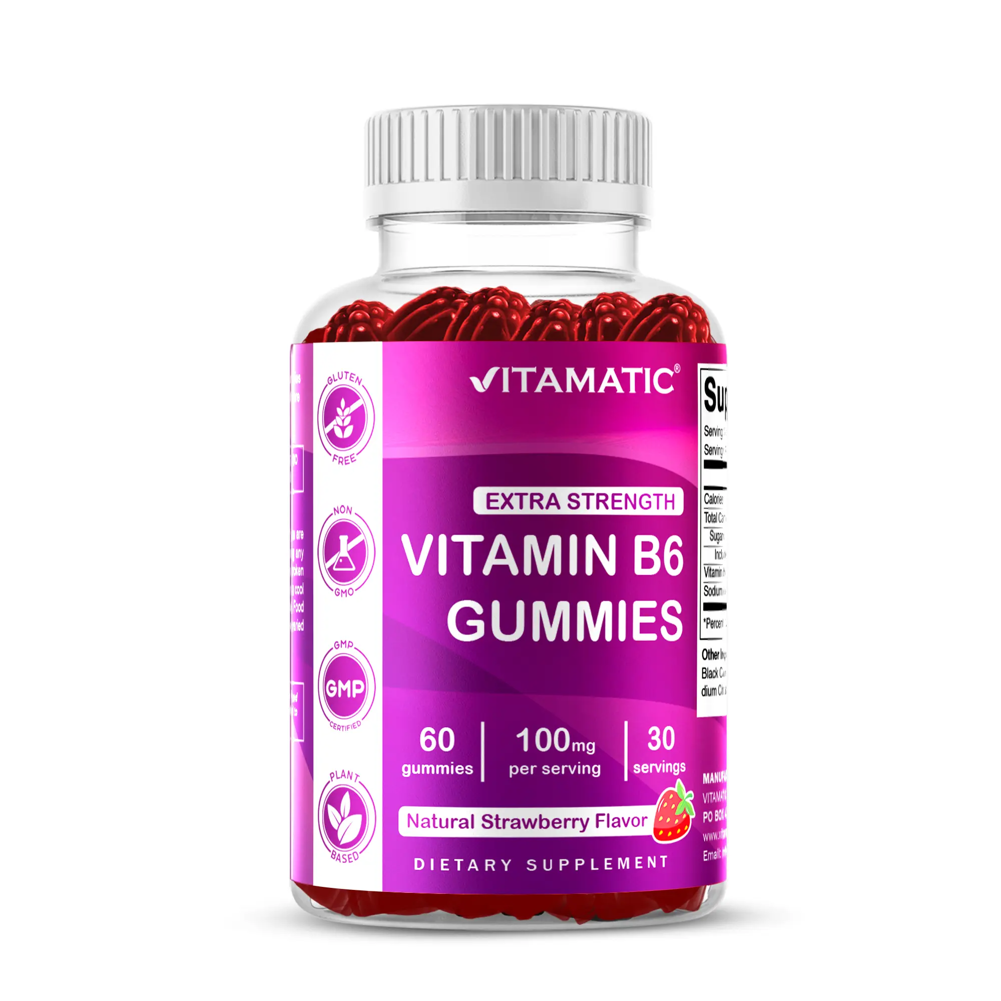 Vitamatic Extra Strength Chewable Vitamin B6 Pectin Gummies - 100mg, 60 Count, Natural Berry Flavor, Gluten-Free, Non-GMO, Vegan, Water-Soluble, Nicotine-Free, No Artificial Color, No Wheat, Metabolism & Nervous System Support, Youth