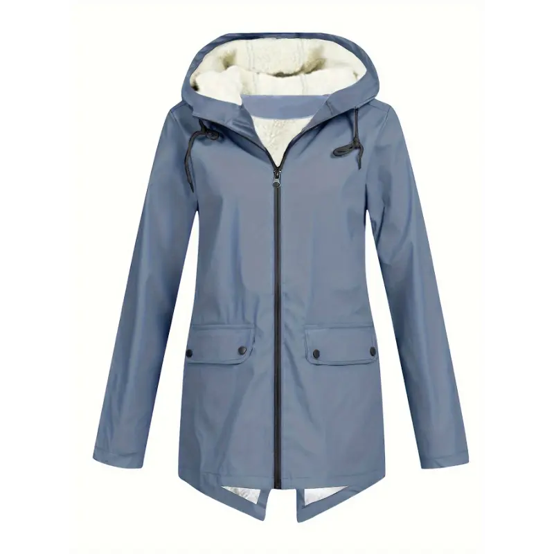 Women's Solid Polyester Long-Sleeve Casual Waterproof Hooded Windbreaker Jacket - Fleece-Lined Insulated, Pockets, Adjustable Drawstrings, Cold Weather Outdoors Use, Dry Clean/Hand Wash Only