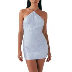 Women Slip Dress, Spaghetti Straps Backless Shiny SequinsFit Summer Mini Dress for Club Party