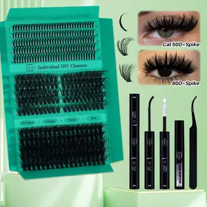 350 PCS Lash Clusters Kit D Curl Spike/Cat 50D/80D 3 Styles Mix10-18mm Lashes Kit with Bond&Seal Lash Remover Lash Applicator, Perfect for Beginners &Proficient, DIY at Home Easily, DIY Eyelash Extensions, Easy Apply for Makeup Daily