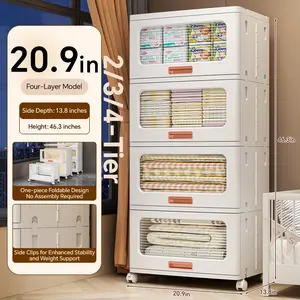 miaoli 2/3/4-Layer Folding Storage Cabinet with Wheels PP Material Durable Layered Design for Living Room Kitchen Bedroom Game Room Tool Room Home Use Student Dormitory Assembly Easy Foldable layer storage cabinet
